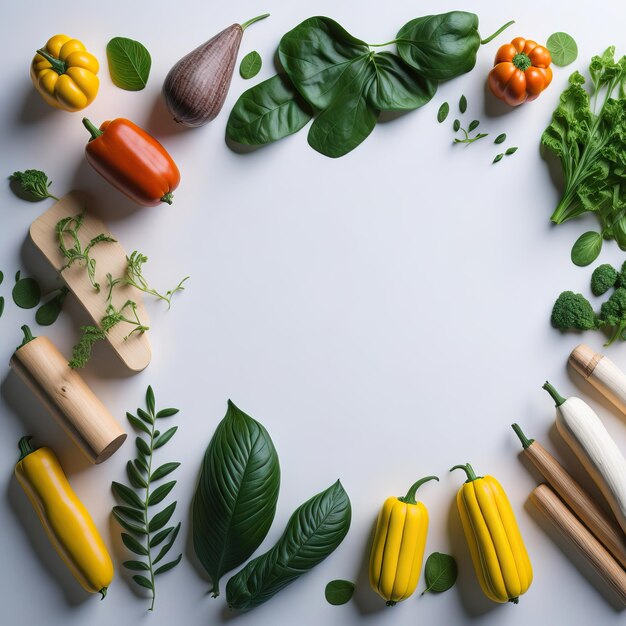 Photo a white table with a border of vegetables and a green leaf.