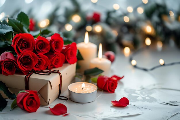 White Table with Box and Red Roses and Candles