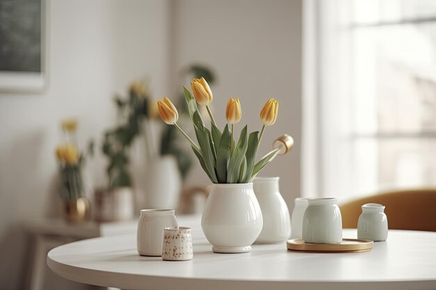 White table with bright yellow flowerfilled vases Generative AI