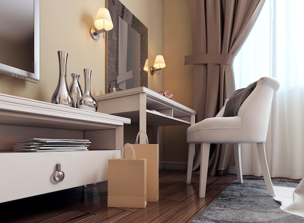 White table with chair and mirror with sconces in the bedroom