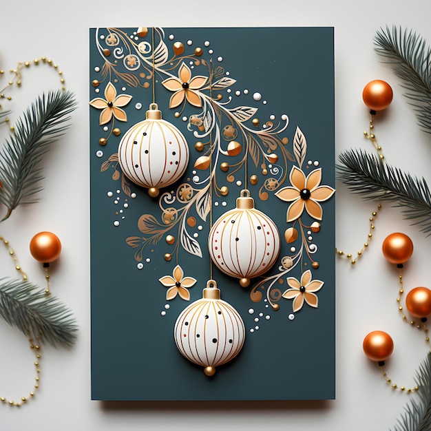 White table with Christmas decorations and a Merry Christmas or Happy New Year postcard Generative ai