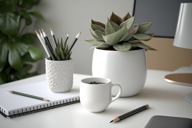 White table with copy space pencils mug and plant pots in close up in hotel room home office