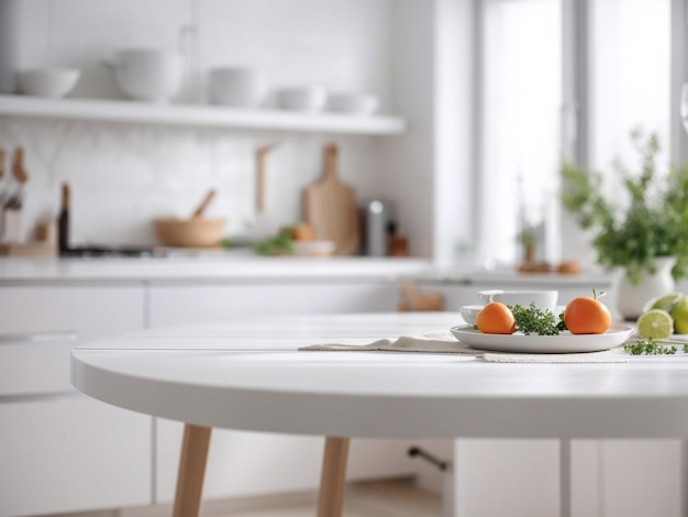 White table with fruits against unfocused kitchen interior background wooden table