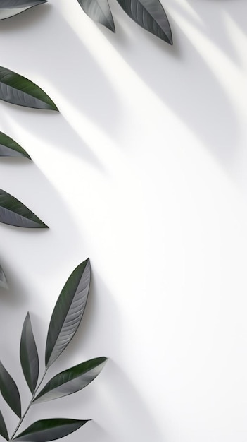 a white table with leaves and a white background