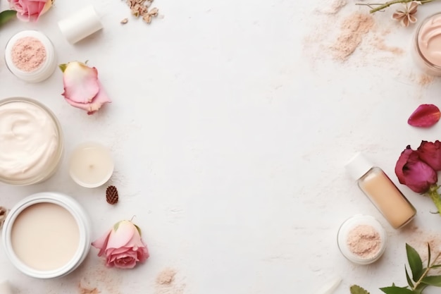 A white table with a lot of cosmetics and a bottle of cream