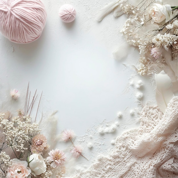 White table with a pink ball of yarn and flowers