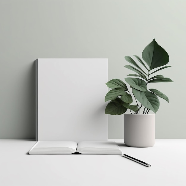 A white table with a plant and a book on it