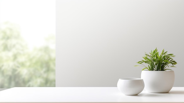 写真 白い壁の背景の3dレンダリングにポットに植物を入れた白いテーブル