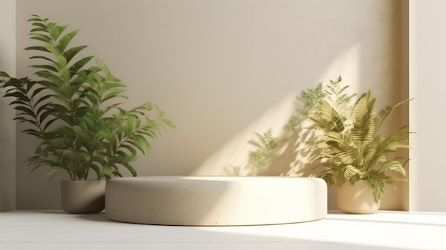 A white table with a plant on it and a white wall with a planter on it.