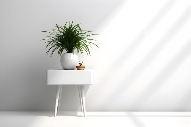 A white table with a plant on it