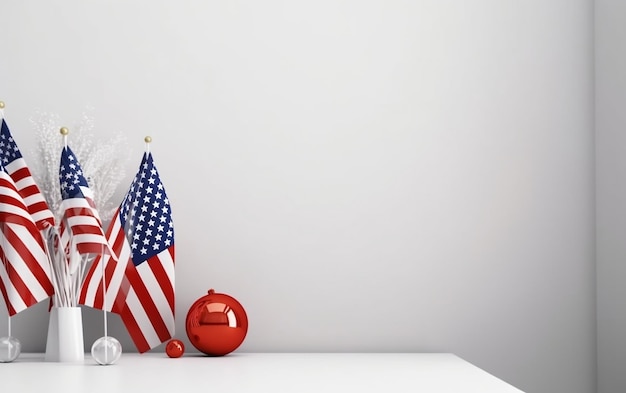 A white table with a red and blue american flag and a red flag