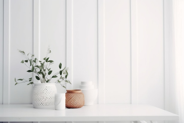 A white table with several jars on it and a plant on the right.