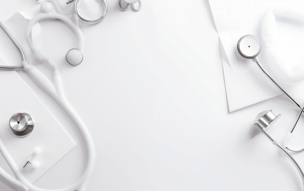 Photo a white table with a stethoscope, a stethoscope, a notepad and a cup of coffee.