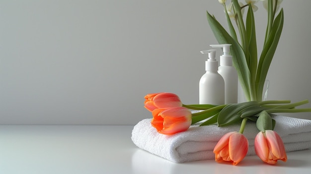 Белый стол с тремя бутылками полотенца и тюльпанов точные детали и привлекательный блеск