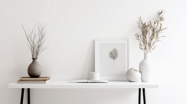 A white table with a vase and a feather on it