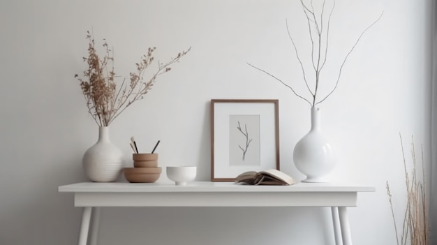 A white table with vases and a picture of a plant on it.