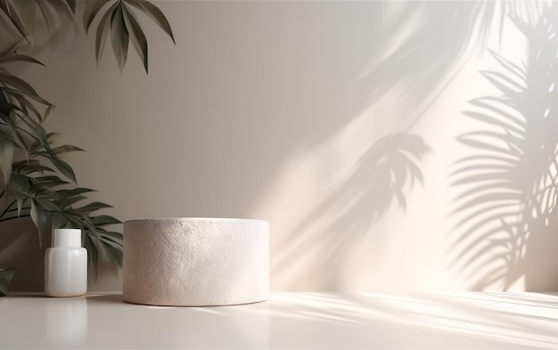 A white table with a white bowl and a plant on it.