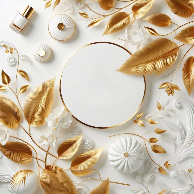 a white table with a white circle and flowers on it