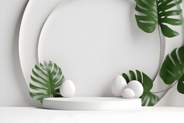 A white table with a white table and a green plant on it.