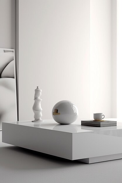 A white table with a white table with a white sculpture on it.