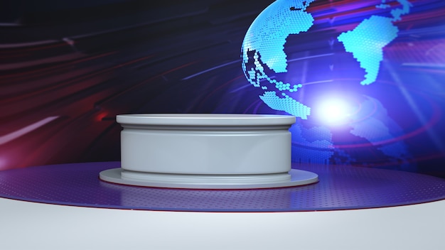 Photo white table with world map news background in news studio