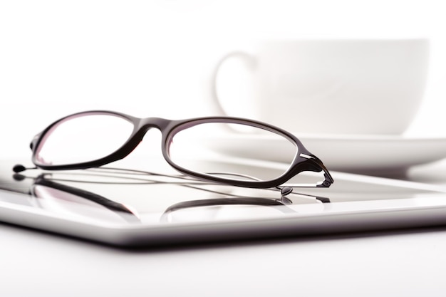 White tablet coffee cup and glasses on a white table