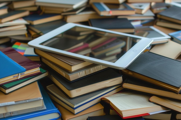 電子書籍を表示する白いタブレットが現代のデジタル学習を象徴する本の積み重ねの上に置かれています