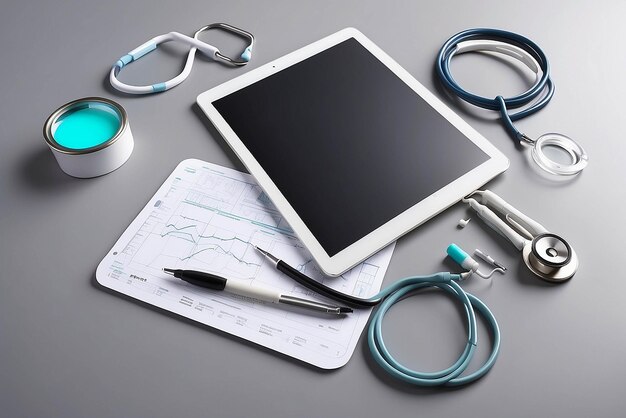 Photo white tablet pc and doctor tools on gray surface