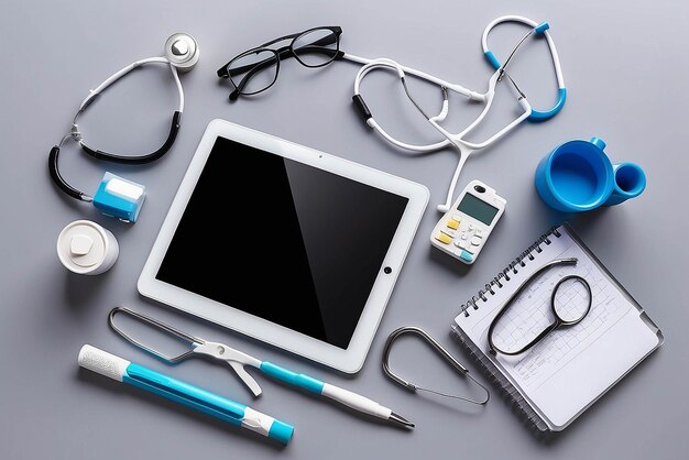 Photo white tablet pc and doctor tools on gray surface