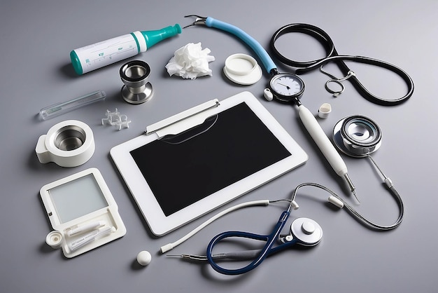 Photo white tablet pc and doctor tools on gray surface