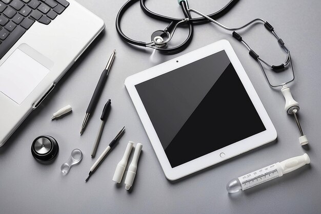 White tablet pc and doctor tools on gray surface