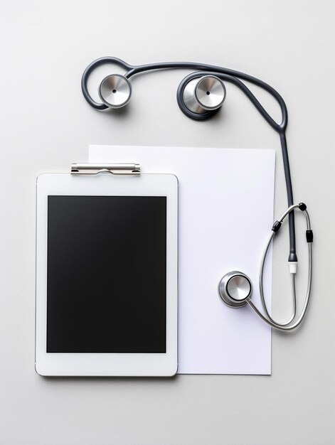 white tablet pc and doctor tools on gray surface