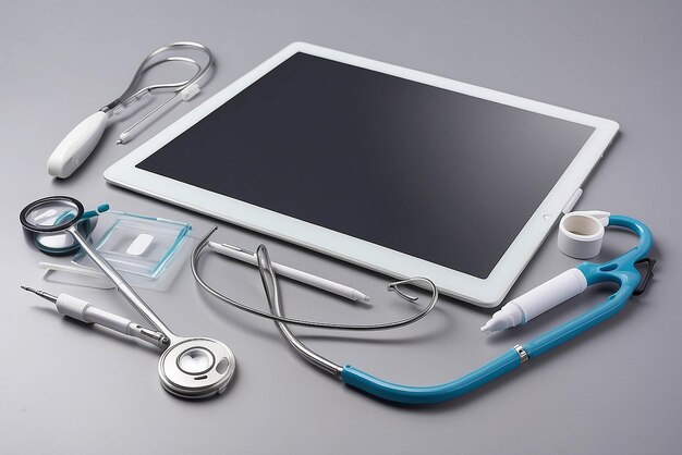 White tablet pc and doctor tools on gray surface