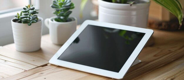 A white tablet with a blank display is sitting on a work desk