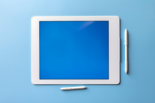 A white tablet with a blue screen and a pen on a blue background