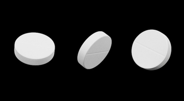 검은 배경에 고립 된 흰색 정제 의약품 및 약국 건강 건강 관리 개념 3d 렌더링을 잘라