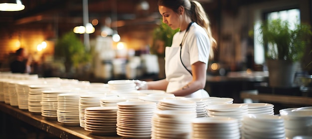 White tableware close up with woman washing dishes in industrial kitchen blurred background