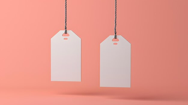 White tags on a pink background hanging from a string