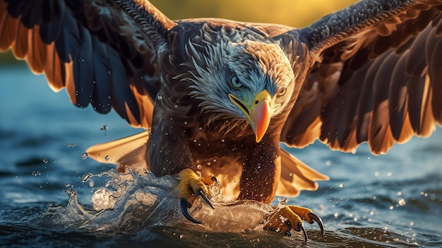 A white - tailed eagle with a fish in its beak