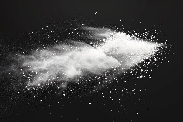 White talcume powder explosion on black background White dust particles splash
