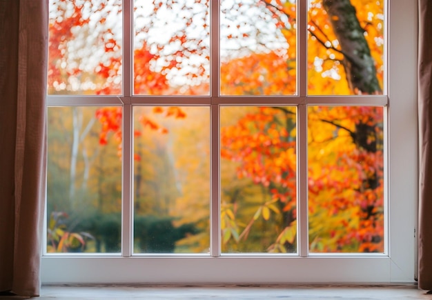 White tall window sill with autumn garden on background