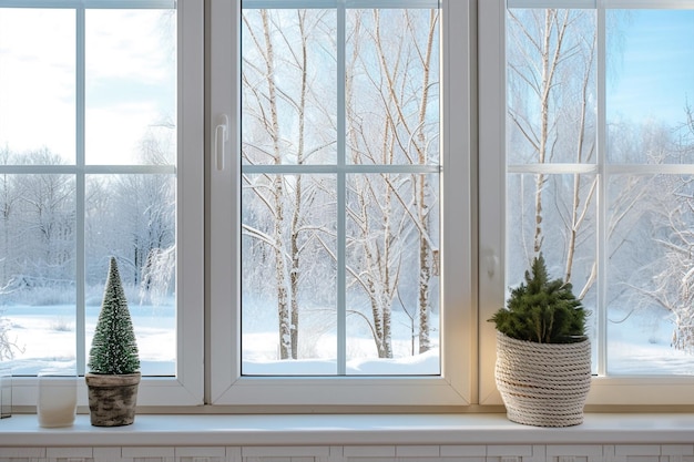 写真 背景に冬の庭がある白い高い窓際