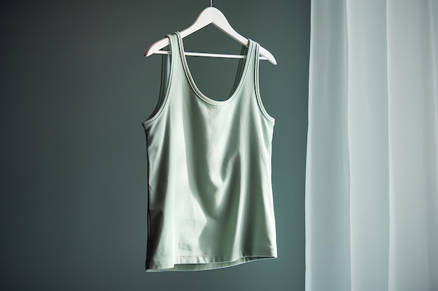 A white tank top hangs from a hanger in front of a window.