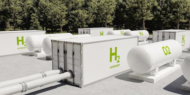 Белые резервуары с жидким водородом и кислородом на заводском дворе 3d визуализации