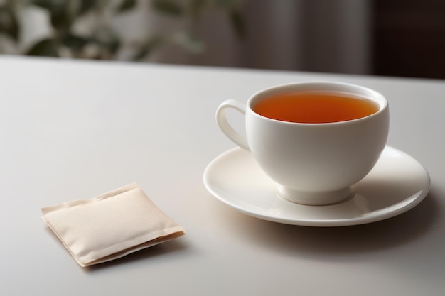 A white tea bag is placed on the side of a white table with a cup of tea AI generated