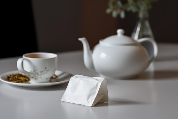 A white tea bag is placed on the side of a white table with a cup of tea AI generated