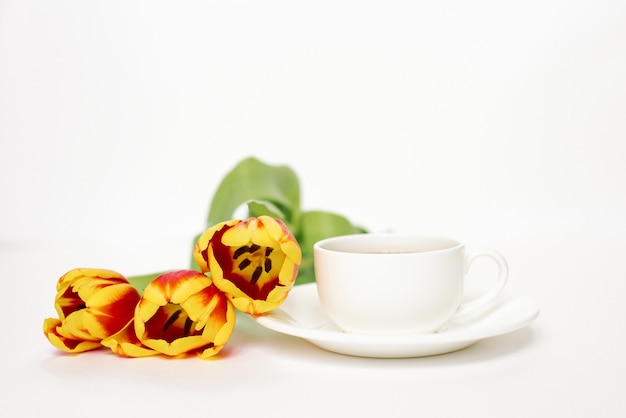 白い背景に受け皿と赤と黄色のチューリップと愛と春の概念と白いティーカップ。