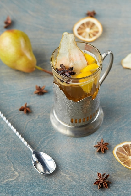 White tea with pear and thyme is on the table