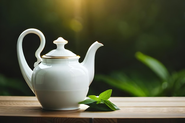 a white teapot and a leaf on a wooden table.