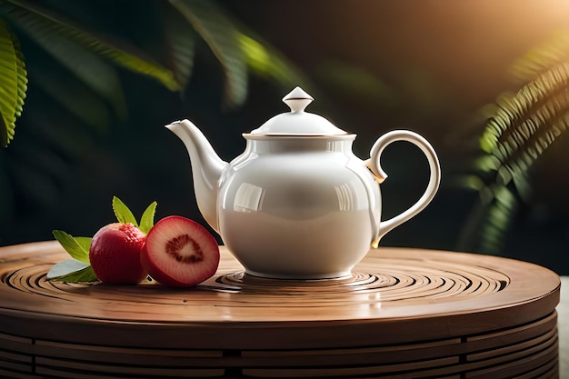 A white teapot and some red fruit on a wooden table